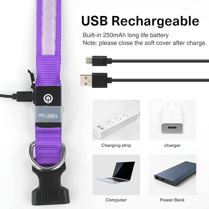 PcEoTllar Light up Dog Collar for Night Walking - LED Dog Collar Light Rechargeable Color Changing, Glow in The Dark Dog Collars Waterproof Glowing Dog Collars for Large Small Medium Dogs, Purple S