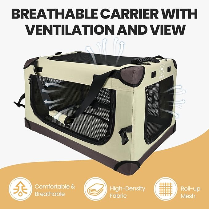 Large Cat Carrier for Car Travel, Soft Sided Collapsible Pet Carrier for Outdoor and Indoor Uses, Roomy Extra Large Cat Carrier for 2 Kittens or Puppies Up to 50lbs (Brown)