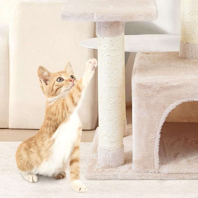 FISH&NAP Cute Cat Tree Kitten Cat Tower for Indoor Cat Condo Sisal Scratching Posts with Jump Platform Cat Furniture Activity Center Play House Beige