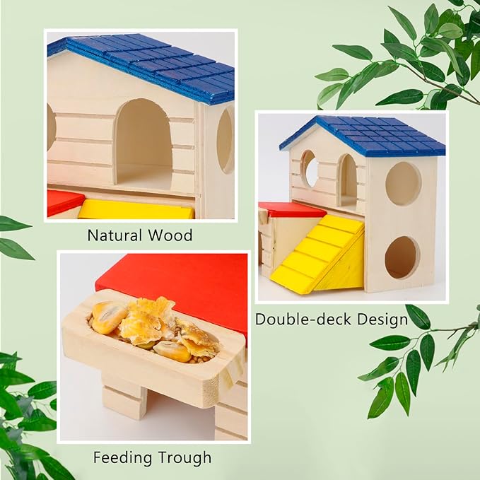Hypeety Wooden Hamster House Maze Villa Cage for Dwarf Hamsters Gerbils Small Pets Exercise Climbing Toy Platform Multi-Level Hideout 6.1x2.95x5.9inch Blue
