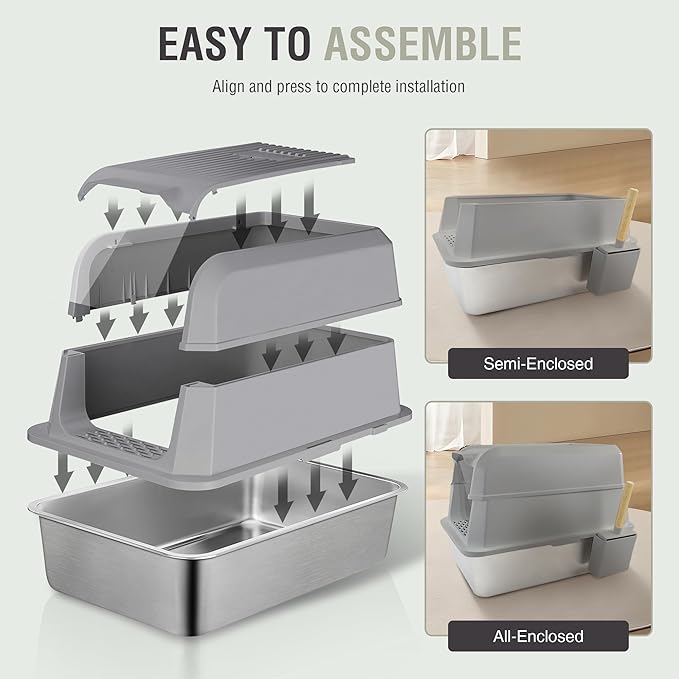 2 Pack TIPOOP XL Stainless Steel Enclosed High Sided Cat Litter Box with Lid, 24'' L × 16'' W × 17'' H - Odor Control & Easy Cleaning,Non-Sticky, Include Litter Scoop,Grey