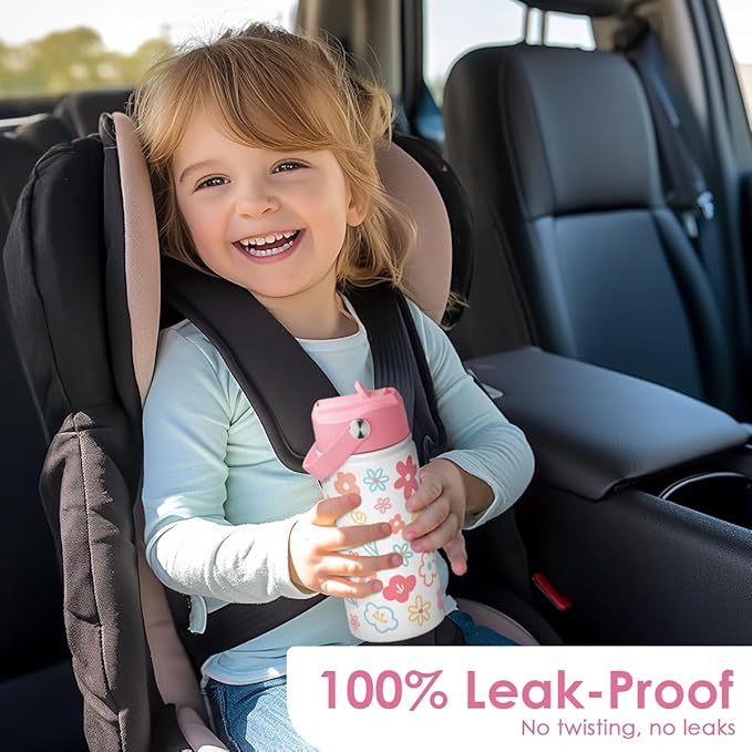 Kids Water Bottle Stainless Steel with Straw Lid, Floral Water Bottle 12oz, Travel Tumbler, Gifts for Girls, Birthday, Christmas, Back To School