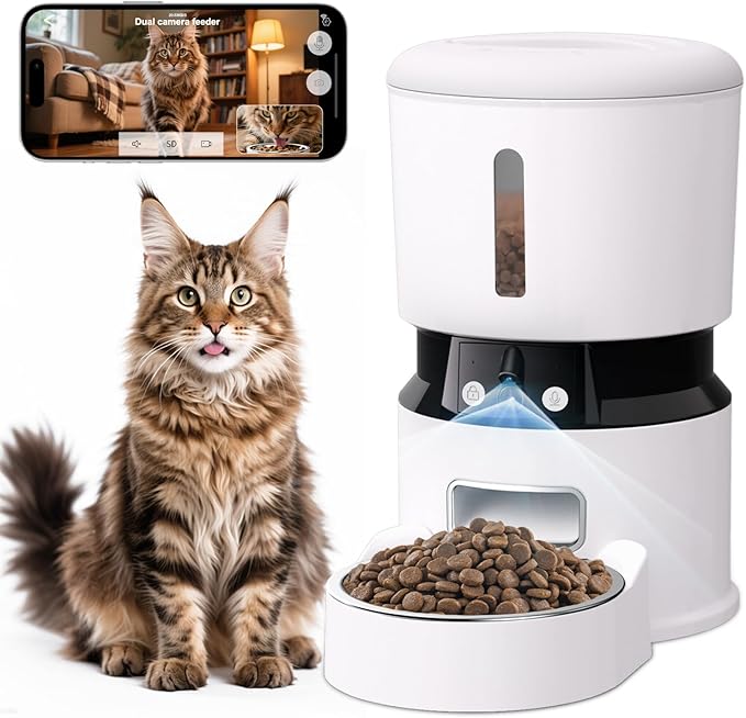 Automatic Cat Feeder with 2 Cameras 1080P HD with Night Vision Pet Food Dispenser Two-Way Voice and Audio Dog Smart WiFi Dog & Cat Feeder Programmable Schedule Slow Bowl White