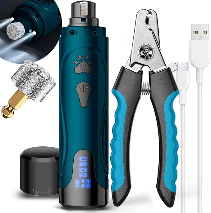 YABIFE Dog Nail Trimmers and Dog Nail Clippers Kit, Whisper Quiet Electric Grinder with Light, for Small, Medium, Large Dogs, Cats Toenail Grooming, 3 Speeds