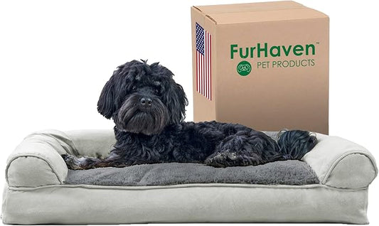 Furhaven Pillow Dog Bed for Medium/Small Dogs w/ Removable Bolsters & Washable Cover - Plush & Suede Sofa - Gray, Medium