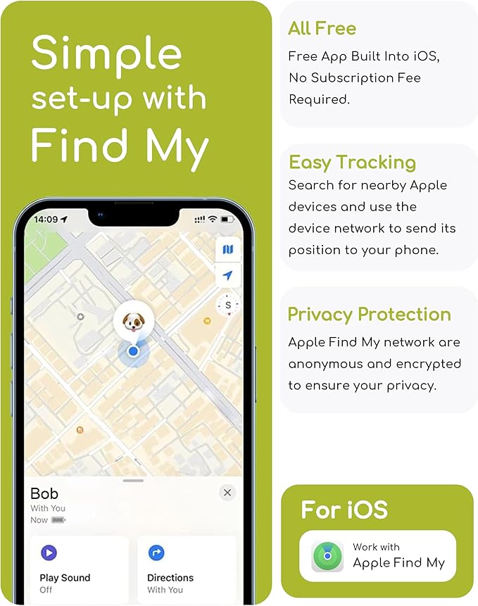 Dog Tracker, Smart Dog Collar with Real-time Pet Location, Cat Tracker Collar (iOS Only), No Monthly Fee & Long Battery Life, Works with Find My, Ideal for Dog/Cat (Black)