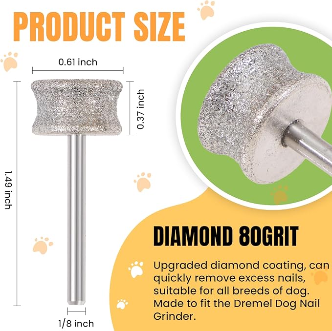 CAELUM Diamond-Coated Pet Nail Grinder Bit, 1/8” Shank for Dremel Nail Tools, Durable & Low-Noise Nail Trimmer for Dogs, Top & Side Grinding, Gentle, Precise Nail Grooming（80grit）