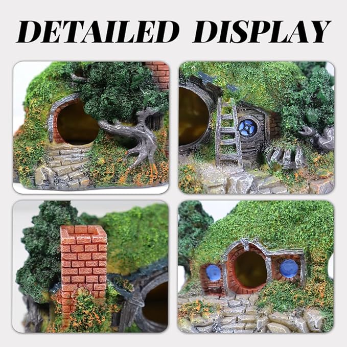 Hobbit Fish Tank Decorations Reptile House Hidden Hole Landscaping for Aquarium and Reptiles Decorations Mini Garden Decorating Two Sizes (S)