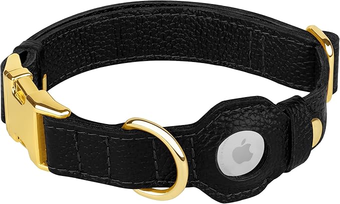 Leather Airtag Dog Collar - Soft Tracking Dog Collar with Apple AirTag Holder and Metal Buckle - Safety GPS Pet Collars for Small Medium Large Dogs Puppy Pink Red (Black, M, 14"-18" Neck Fit)