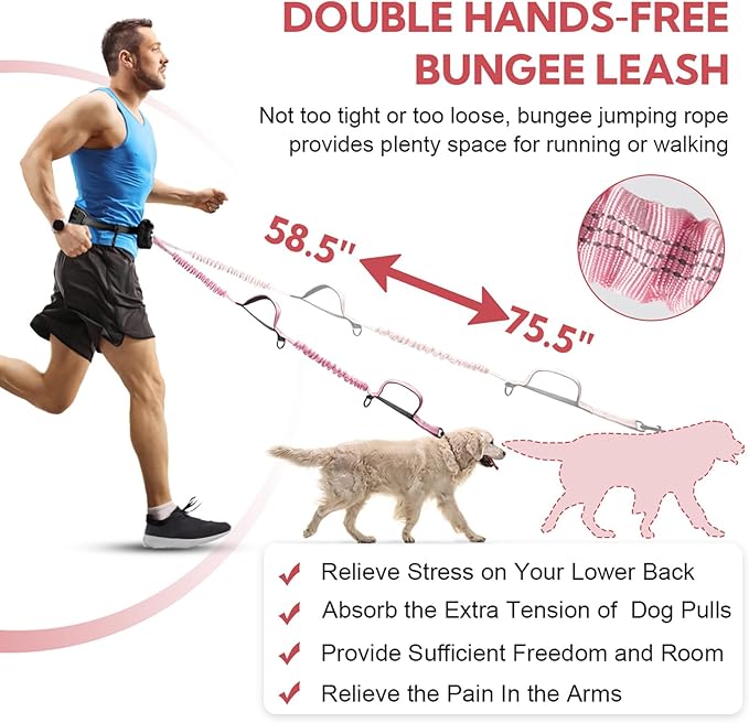 Hands Free Dog Leash, Adjustable Waist Belt with Double Padded Handles, Retractable Bungee for Medium & Large Dogs, Waist Leash for Dog Walking, Running, No Pull, Pink