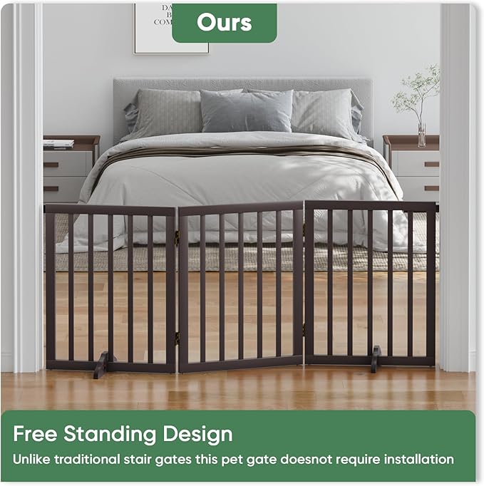 Freestanding Foldable Dog Gate - Indoor Pet Gate with Metal Support Feet, Room Divider 3 Panels (Brown)