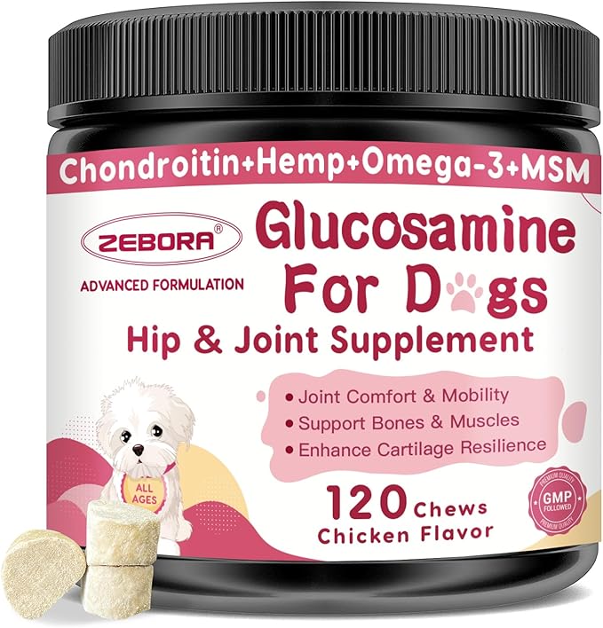 Glucosamine for Dogs, Joint Supplement for Dogs, Chondroitin, MSM, Hemp, Turmeric, Omega 3 for Pain Relief & Skin Health, Dog Hip and Joint Supplement with Calcium Support Bones Health, 120 Chews