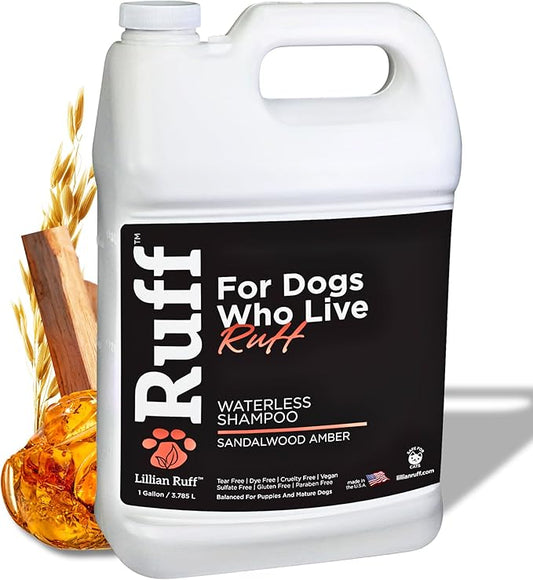 Ruff by Lillian Ruff No-Rinse Waterless Dog Shampoo Spray – Sandalwood Amber – Cleans, Conditions, Detangles & Deodorizes – Puppy & Cat Safe – USA Made (Gallon)