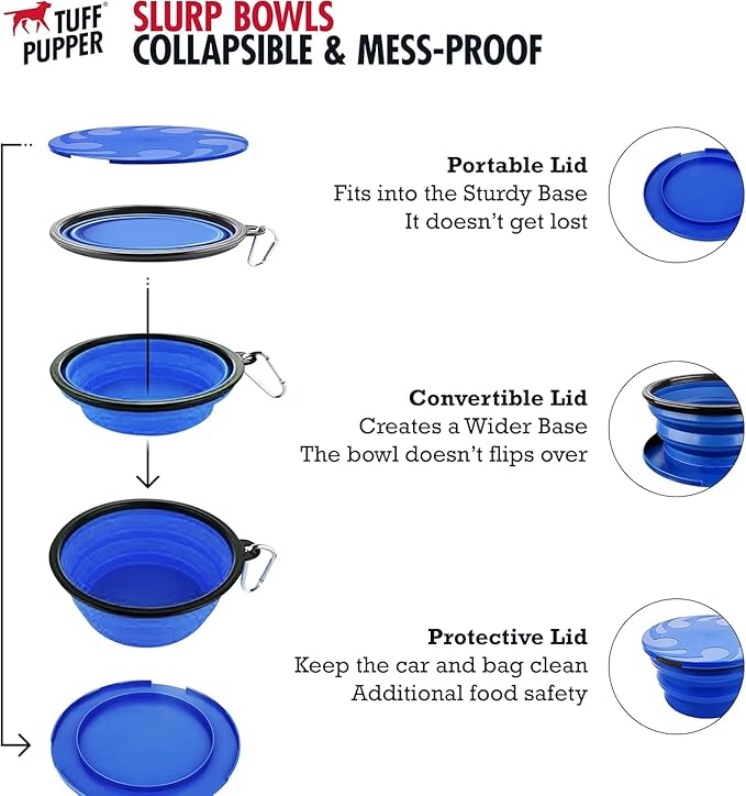 Tuff Pupper SuperBigSlurp Collapsible Dog Bowls | Two Pack Bowls | Extra Large Capacity | Portable, Food Safe, Odorless | Non-Toxic Silicone [Two Pack Blue Bowls 60oz]
