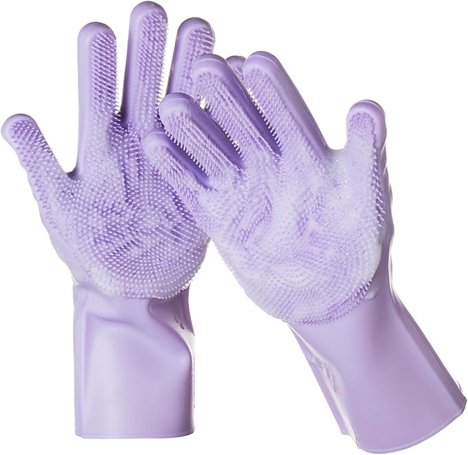 DELOMO Dog Washing Gloves 1 Pair: Soft and Gentle Silicone Pet Grooming Gloves - Bathing Scrubber Brush Mitt Grooming Shedding Fur Removal Massage for Dogs/Cats/Horse, Purple