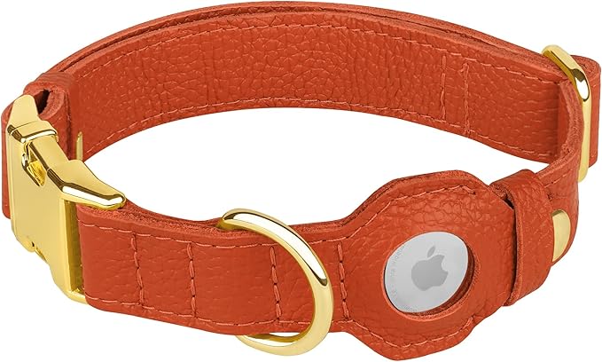 Leather Airtag Dog Collar - Soft Tracking Dog Collar with Apple AirTag Holder and Metal Buckle - Safety GPS Pet Collars for Small Medium Large Dogs Puppy Pink Red (Orange, L, 17"-21" Neck Fit)