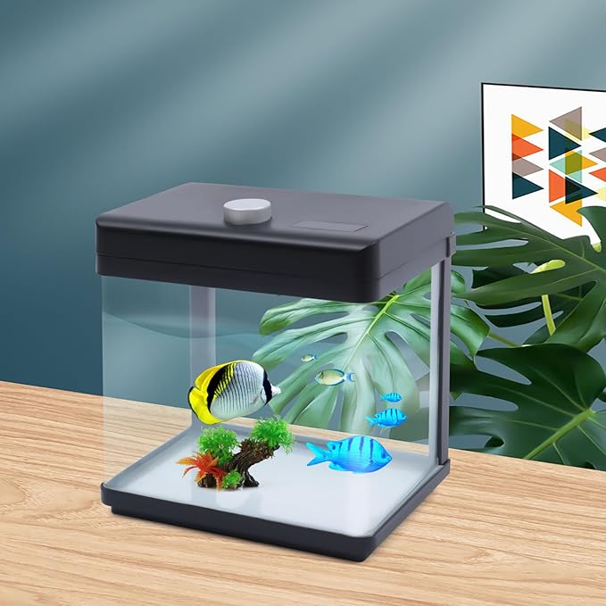 1.5 Gallon Fish Tank Starter Kits, Low Noise Betta Fish Tank with Fil-TER LED Light Submersible Pu-mp, Glass Small Fish Tank Smart Aquarium kit with Dimmer Button Water Temperature Display