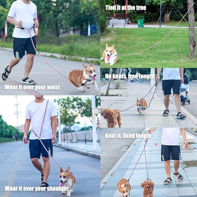 Hands Free 8.5ft Nylon Double Dog Leash with Reflective Stitching, Adjustable Waist Fits All for Medium Large Dogs - Blue