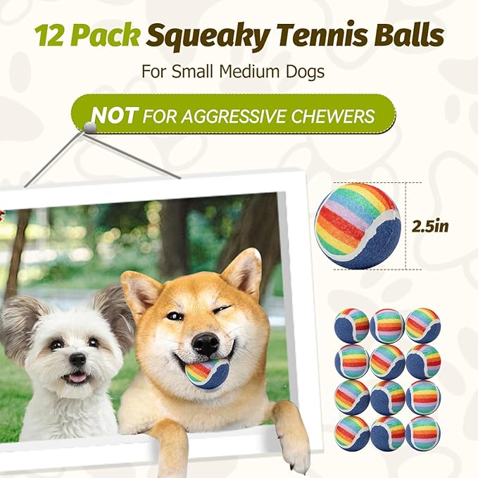 Nobleza Squeaky Tennis Balls for Dogs, 12 Pack 2.5" Floatable Dog Tennis for Small Medium Pet, Training Safe Natural Rubber Dog Toys Balls for Dogs to Fetch Exercise, Rainbow