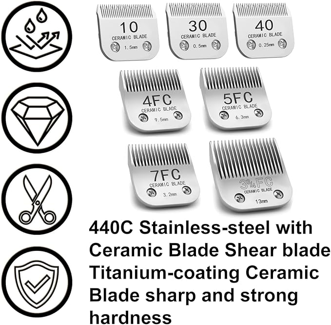 Docal Detachable Clipper Ceramic Blades 10#/30#/40#/3FC/4FC/5FC/7FC Silver, Dog Grooming Clipper Replacement Blades Compatible with KM Series Clippers, Most A5, Cut Length 0.25mm to 13mm, 7 Packs
