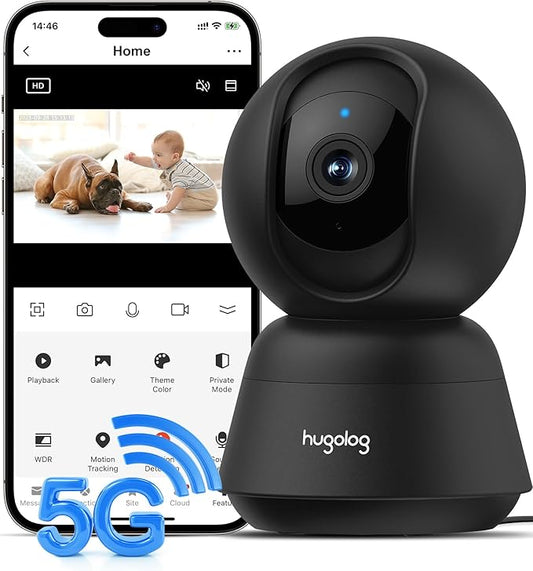 Hugolog 3K 5MP Indoor Pan/Tilt Security Camera with Auto-Focus,2.4 GHZ/5 GHZ,Ideal for Baby Monitor/Pet Camera,Starlight Color Night Vision,Human/Pet AI,Two-Way Audio,US Cloud,Compatible with Alexa
