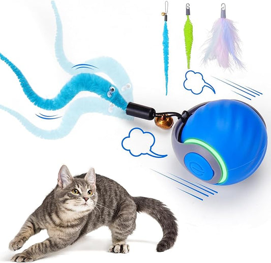 BABORUI Interactive Cat Toy Ball - Automatic Interactive Cat Toys for Indoor Cats with 3 Tails, 2 Speeds Rechargeable Cat Enrichment Toys for Small/Medium/Large Cats to Keep Them Busy(Blue)