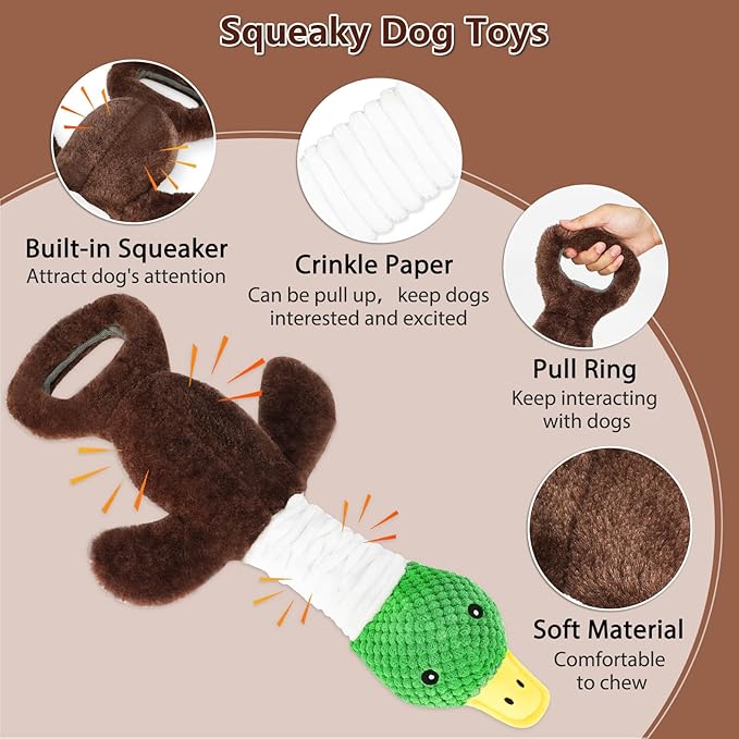 Plush Dog Toys for Large Dogs, Duck Stuffed Squeaky Dog Chew Toy with Crinkle Paper, Interactive Pull Puppy Toys - Tug of War Dog Toys for Big Medium Samll Dog