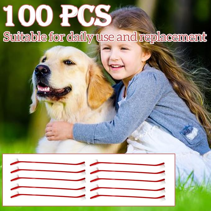 100Pcs Dog Toothbrush Dual Headed Puppy Tooth Brushing Kit Long Handle Soft Grooming Pet Dental Brushes Convenient Double Sided for Pets Cat Puppy Teeth Brush Cleaning Oral Care Supplies -Red