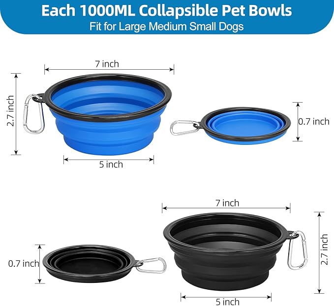Kytely Large Collapsible Dog Bowls 2 Pack, 34oz Foldable Dog Travel Bowl, Portable Pet Water Food Bowl with Clasp, Pet Cat Feeding Cup Dish for Traveling, Walking, Hiking (Black+Blue)