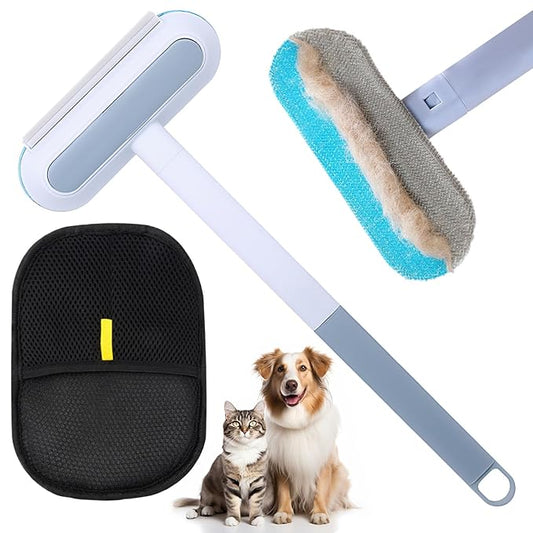 Pet Hair Remover Brush- Pet Hair Removal Glove, 4 in 1- Reusable Hair Remover Brushl with 17inch Long Handle, Electrostatic Gloves Pet hair for Furniture, Couch, Carpet
