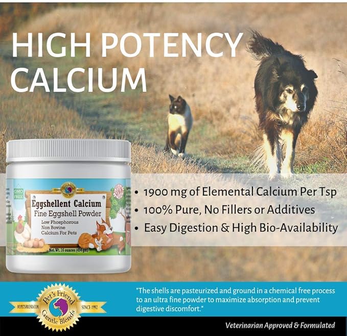 Calcium for Dogs and Cats - Fine Eggshell Powder - Strong Hip & Joint Supplement for Dogs and Cats- Dietary Supplement - No Additives - Pet's Friend Eggshellent Calcium 16oz