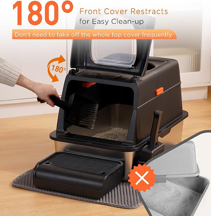 Citylife Stainless Steel Cat Litter Box with Lid, Front & Top Entry Extra Large Metal Kitty Litter Box Enclosure with Scoop & Double Layer Mat, Anti-Leakage, Non-Sticky, Black