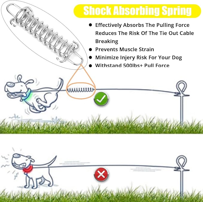 Jenico Dog Tie Out Cable, 10-150FT Runner Cable with Swivel Hook and Shock Spring, Yard and Camping Dog Leash Tether for Small to Medium Pets Up to 500 LBS