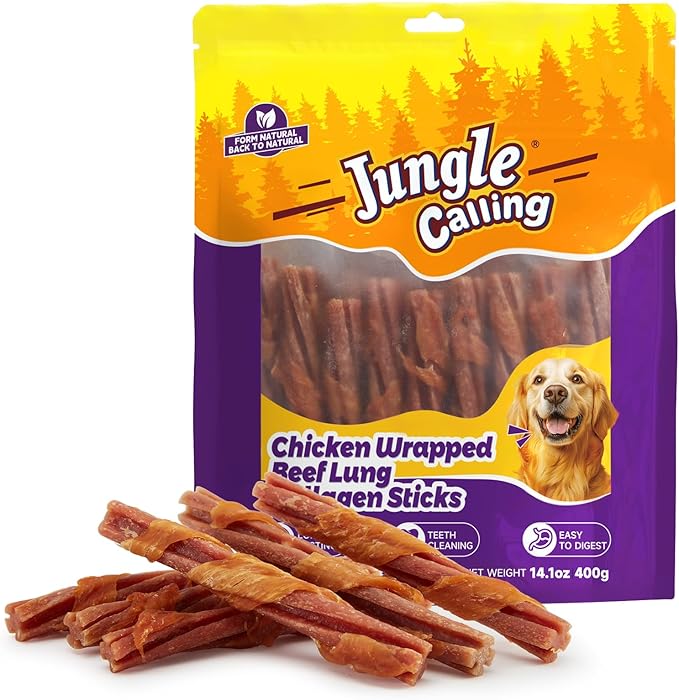 Jungle Calling Chicken Wrapped Beef Lung Collagen Sticks Dog Treats, Long Lasting Bones, Bully Sticks for Small Medium Dogs Moderate Chewers, Chews Easy to Digest Teeth Cleaning,14.1 oz