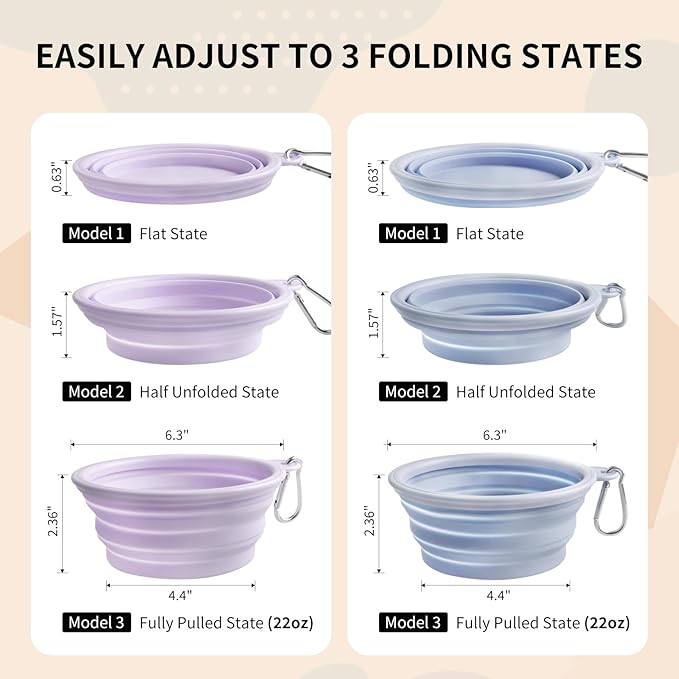 Collapsible Dog Bowls 2-Pack, Portable Travel Dog Bowl with Carabiner, Food-Grade Silicone Pet Bowl for Hiking, Walking (22 OZ Macaron Blue and Violet)