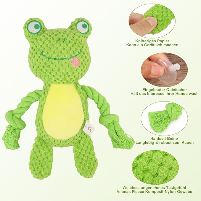 Dog Toys, Dog Squeaker Toys with Crinkle Paper, Stuffed Animal Dog Plush Chewing Toy, Cotton Rope Interactive Toys for Puppy, Small, Middle Dogs (Green Frog)