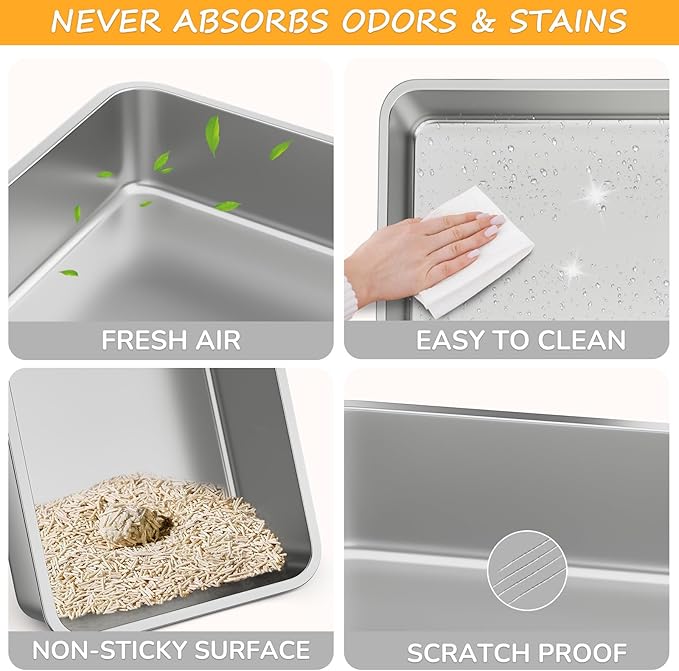 Stainless Steel cat Litter Box, Covered Metal Litter Box, cat Litter Pans with high Sides, Kitty Litter Boxes for Indoor Cats (Non Sticky, Easy to Clean, Anti-Urine Leakage) 17.5" L x 13.5" W x 4" H