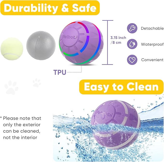Petbobi Active Rolling Ball for Dogs - 2025 New Upgrade 2 Modes Interactive Dog Toys, USB Rechargeable Motion Activated Self Moving, Durable Pet Ball for Small Medium Large Breeds, LED Light, Purple