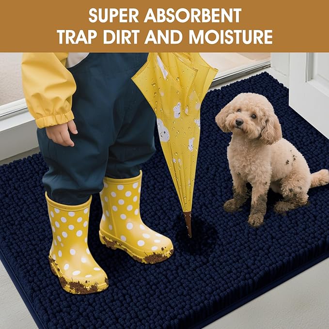 IM HOME Extra Large 71" x 25" Navy Blue Dog Door Mats for Muddy Paws, Chenille Absorbent Dog Mat, Non Slip Heavy Mud Mat for Dogs, Soft Pet Bed Mat for Entryway, Mud Paws, Inside Floor