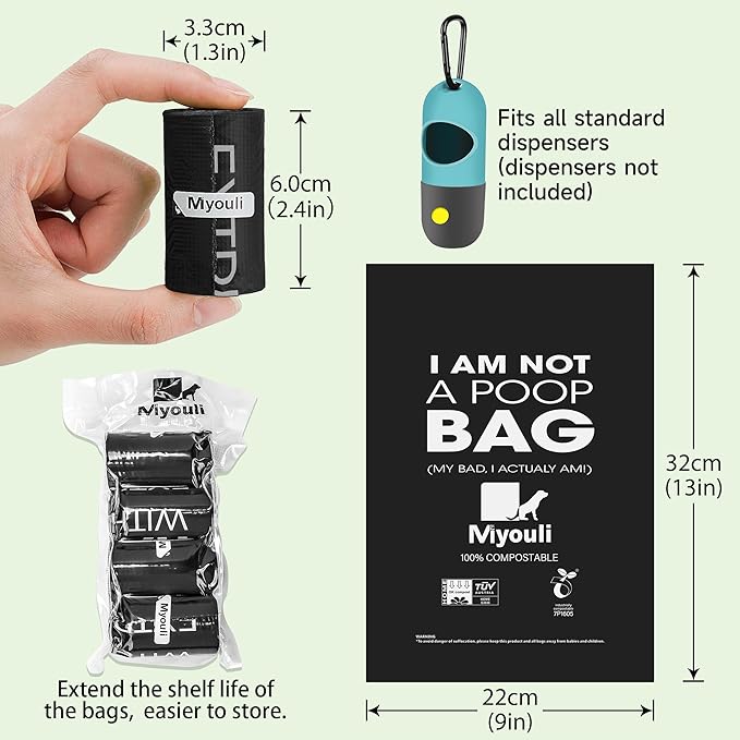 100% Certified Compostable Dog Poop Bag Rolls, 120 Bags (8 Rolls) Eco-Friendly Poop Bags for Dogs, Leak Proof Unscented Easy Open Poop Waste Bag（Black）