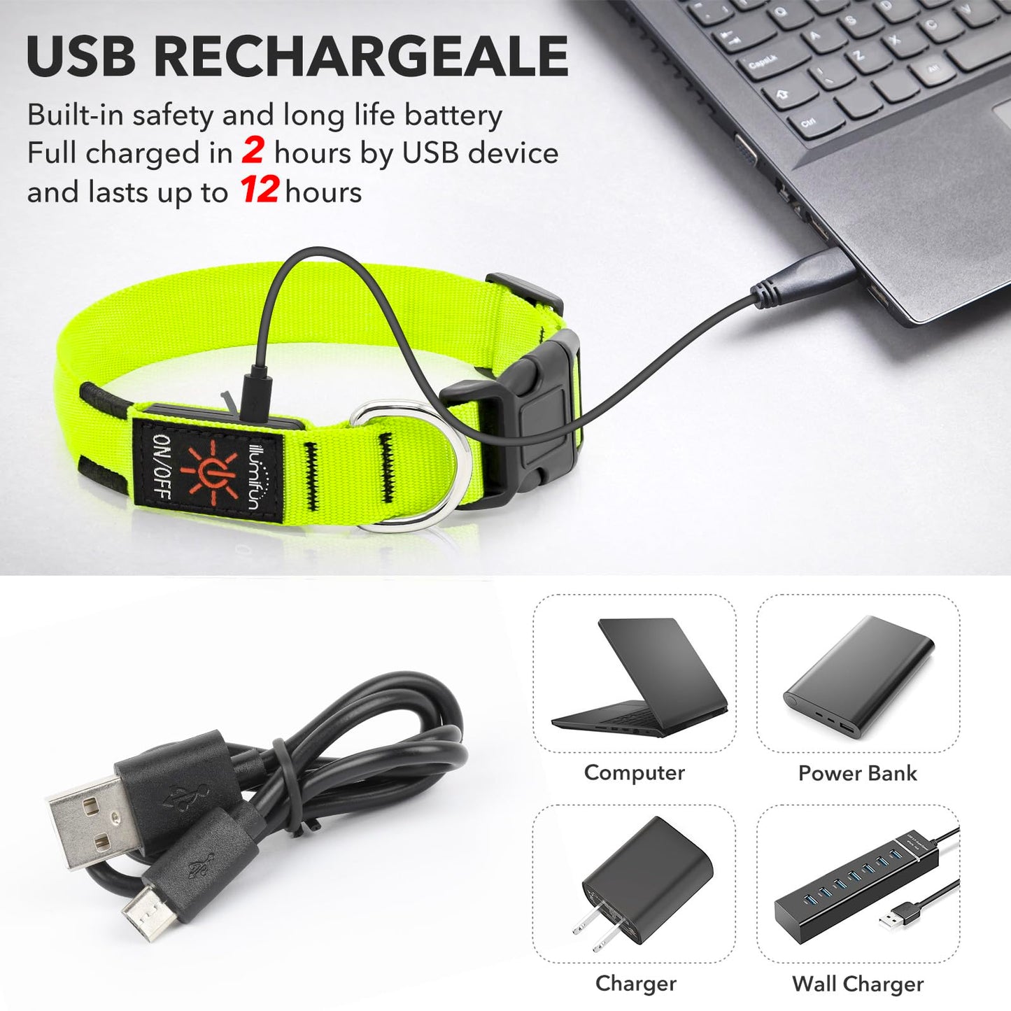 Illumifun LED Dog Collar, Light Up Dog Collar Rechargeable Glow in Dark Pet Collar Safety Dog Lights for Night Walking Camping (Green, Large)