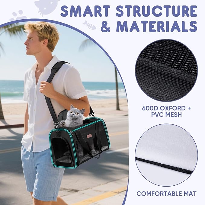 BALEINE Cat Carrier, Puppy Dog Carrier for Small Medium Pets Up to 15 Lbs, Soft-Sided Dog Travel Bag with Safety Zippers, Collapsible Pet Carrying Case (Black, L, 17"x11"x11")