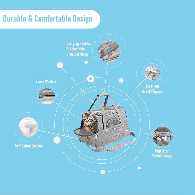 Expandable Cat Carrier for Travel, Soft-Sided Pet Carrier for Cats and Small Dogs, Airline Approved, Comfortable & Breathable Cat Carrying Bag with Adjustable Strap for Daily Use & Airplane(Gray)