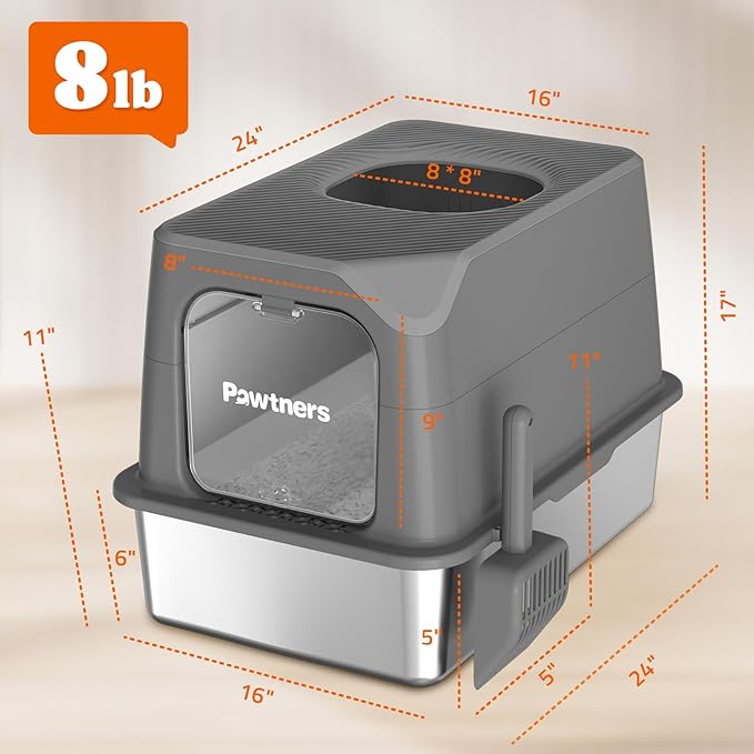 Pawtners Stainless Steel Cat Litter Box, XL Extra Large Kitty Litter Pan, Front Entry Top Exit Hooded Metal Cat Toilet for Odor Control with Removable Lid & Scoop, Anti-Leakage, Easy to Clean