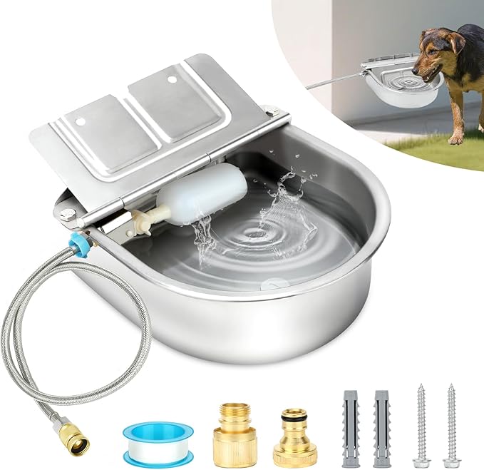 BWOGUE Automatic Water Dispenser for Dogs, 1 Gallon Outdoor Automatic Dog Water Bowl with Float Valve Stainless Steel Dispenser Fit 1/2'' and 3/4'' GHT Faucet for Dog Horse Chicken