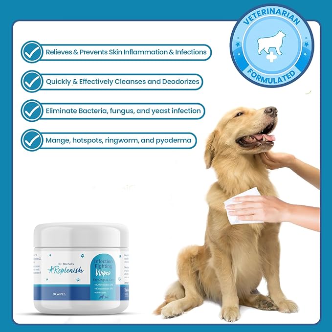 Replenish Antiseptic Wipes for Dogs and Cats - Dog Medicated Wipes with Chlorhexidine and Ketoconazole - Pet Grooming Wipes - Dog Allergy Wipes for Itch Relief, Hot Spots & Skin Irritation - 50 Count