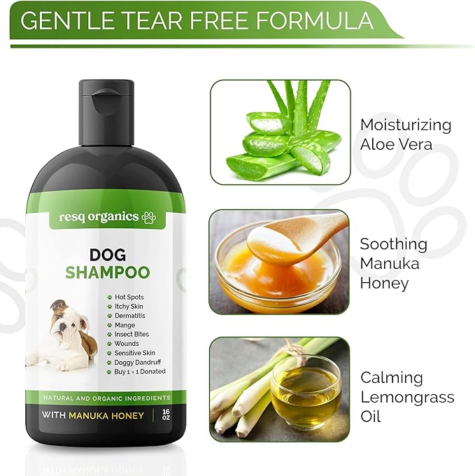 Hypoallergenic Dog Shampoo, Cleans and Soothes Dry Flakey Skin, Reduce Dandruff, Shedding, Calms Itching, Scratching, Organic Aloe & Manuka Honey Softens Fur Moisturizes and Deodorizes