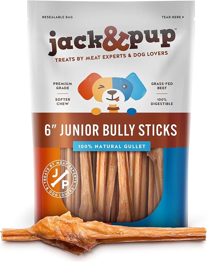 Jack&Pup Dog Bully Sticks for Small Dogs - 6 Inch Junior Bully Sticks for Dogs (25 Pack) Great Bully Stick for Teething Puppies