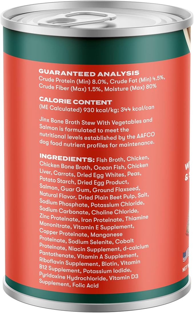 Jinx Bone Broth Stew for Dogs, Variety Pack - Chicken & Salmon Recipes - Grain-Free Wet Dog Food & Topper for Picky Eaters - Promotes Lean Muscle Growth, Healthy Coat & Digestion - 13 Oz, 12 Pack