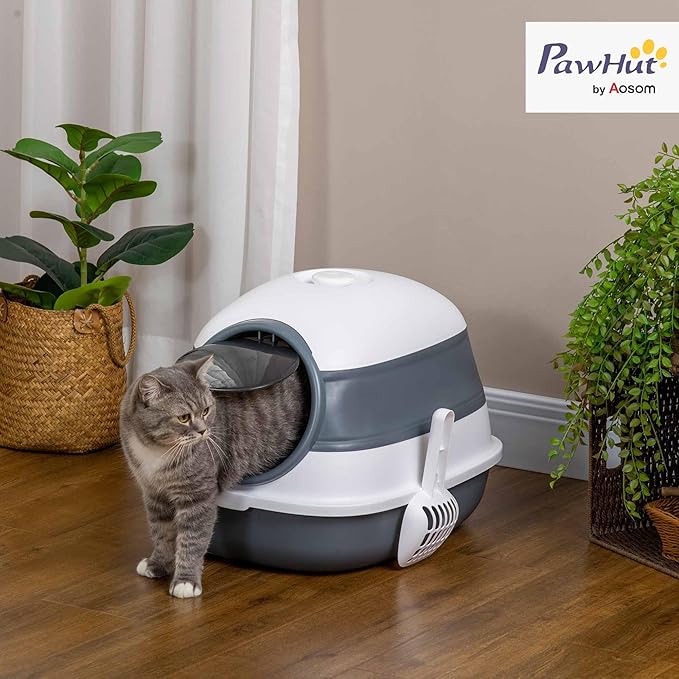 PawHut Cat Litter Box with Lid, Covered Litter Box w/High Sides, Air Freshener, Large Two-Way Entrance Kitty Toilet, Foldable, Easy Clean, White